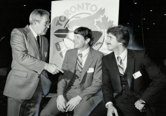 Hear this: His rookie year behind him, Blue Jays' manager Bobby Mattick lectures two men who figure high in his plans for the 1981 season, outfielder Barry Bonnell (middle) and pitcher Jackson Todd