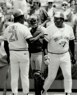 Big blast: The Beeg Mon, Rico Carty, greets another big one, John Mayberry, after he blasted a home run during the Oldtimers game that preceded yesterday's series finale with the Angels