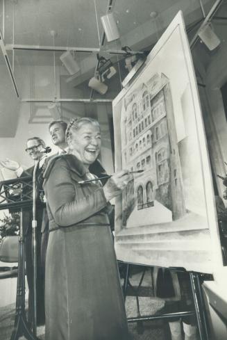 New home. Lt.-Gov. Pauline McGibbon paints final touches to watercolor of 88-year-old Stewart Building, new home for the Ontario College of Art. Built(...)