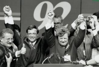 Gracious losers: Liberal rivals Steve Mahoney, left, and Murray Elston help Lyn McLeod bask in crowd's acclaim after she won the party's crown