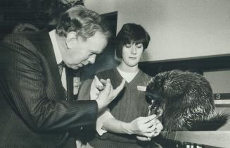 At Sudbury's Science North Centre, Miller met Rolf the Porcupine and staff member Monique Meilleur