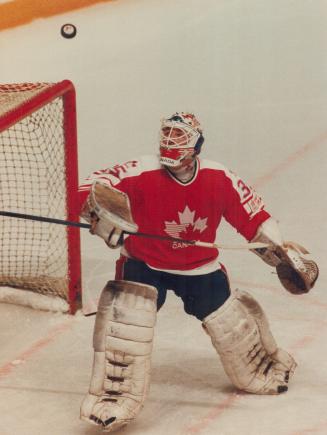Team Canada goalie Andy Moog, formerly of the Edmonton Oilers, keeps his eye on the puck