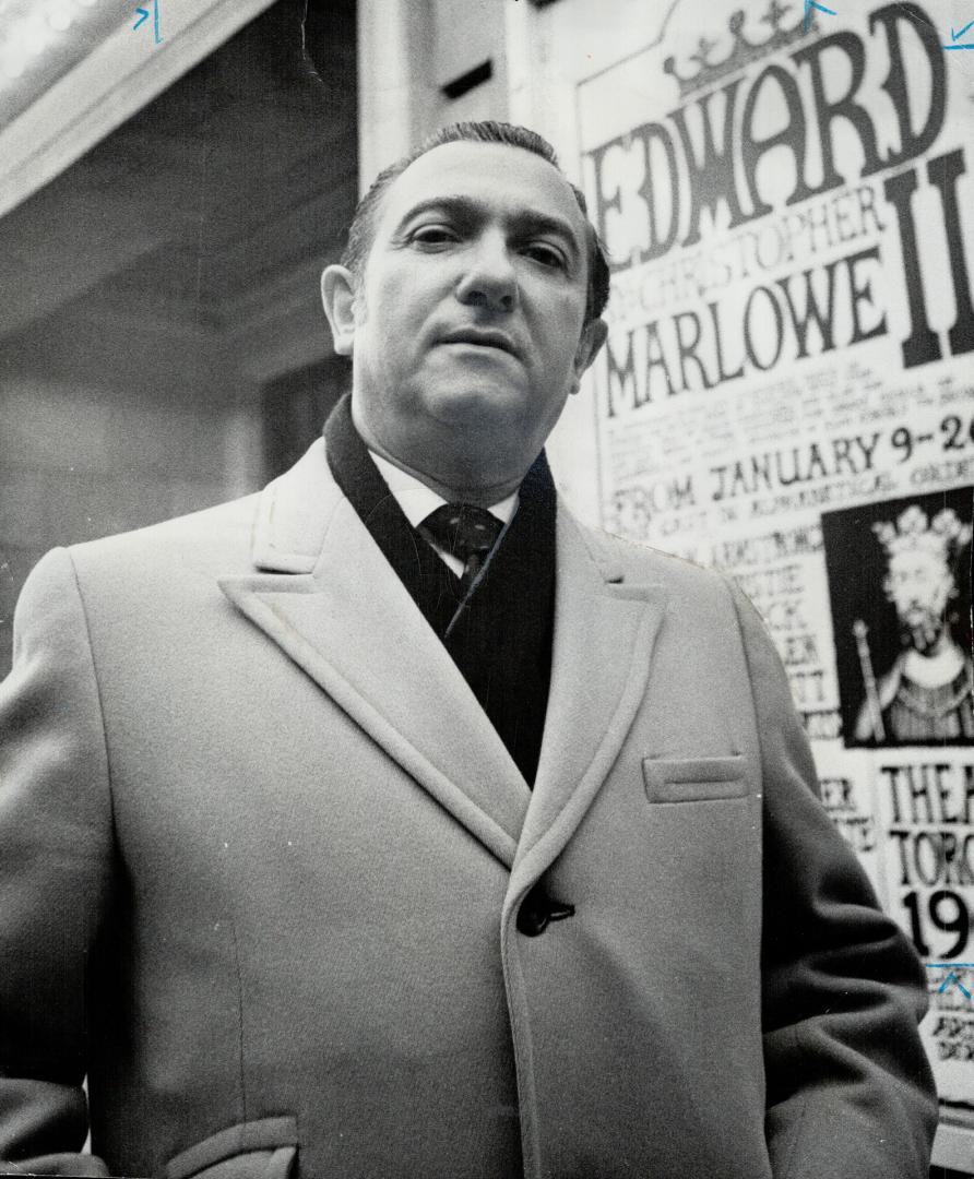 Edwin (Honest Ed) Mirvish stands outside his Royal Alexandra Theatre which he claims may be forced to close due to competition from city-owned theatres
