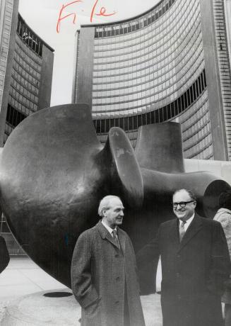 The Archer: Sculptor Henry Moore (left) and former Toronto Mayor Phil Givens at controversial work's unveiling in 1967