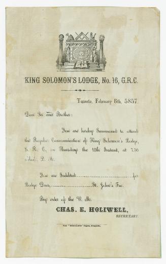[Letter] : you are hereby summoned to attend the regular communication of King Solomon's Lodge