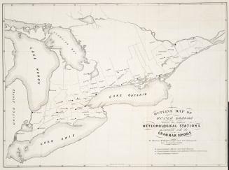 Outline map of Upper Canada showing the proposed meteorological stations in connexion with grammar schools to illustrate Mr. Hodgins' paper read 26th January, 1856 before the Canadian Institute