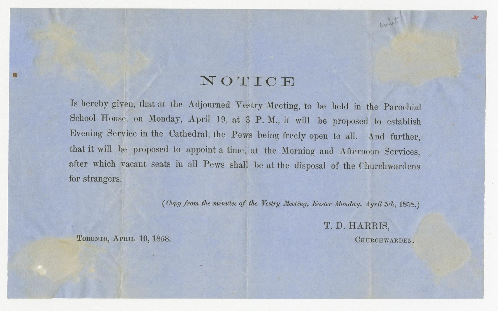 Notice is hereby given, that at the adjourned vestry meeting, to be held in the parochial school house, on Monday, April 19, at 3 p.m. ....