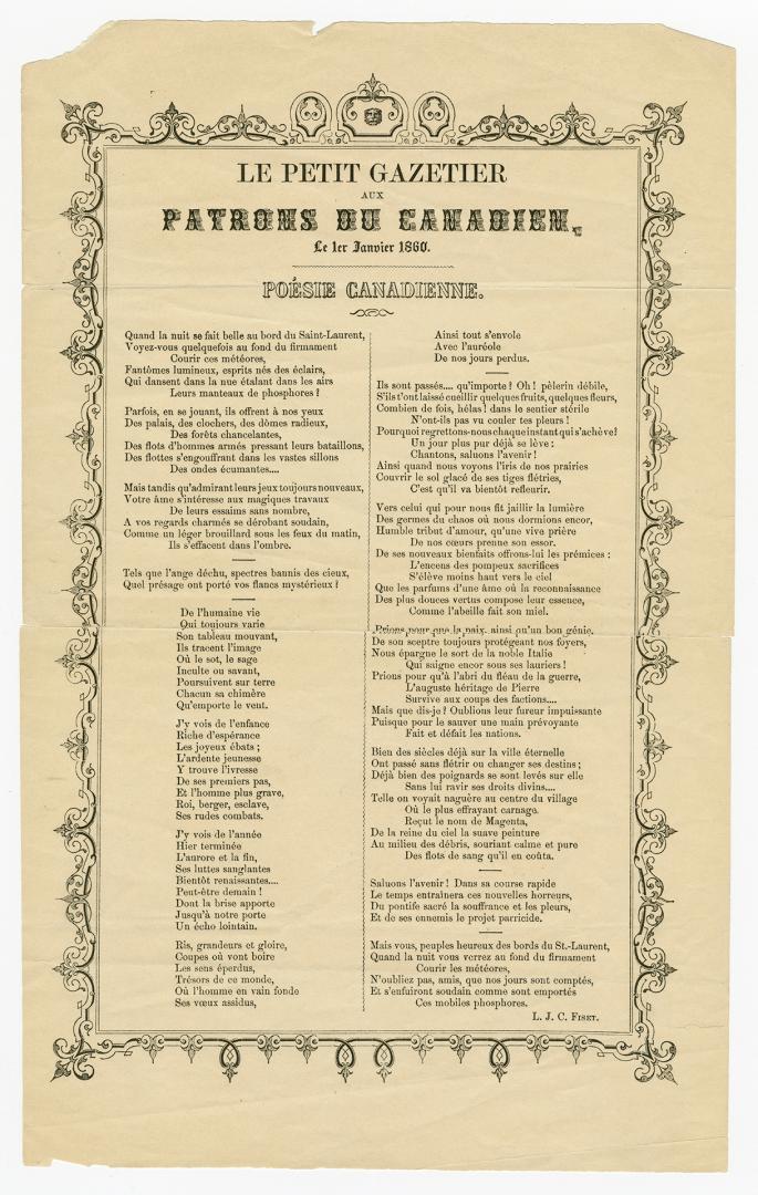 Le Petit gazetier du canadien, le 1er Janvier 1860 : poésie canadienne