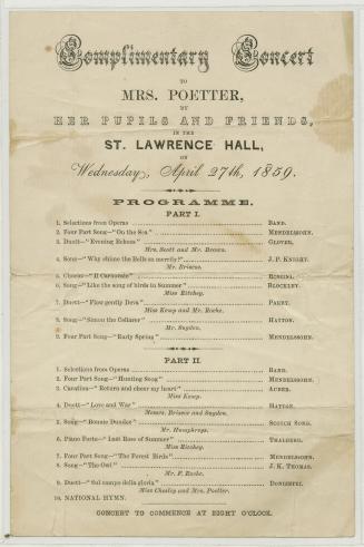 Complimentary concert to Mrs. Poetter, by her pupils and friends, in the St. Lawrence Hall, on Wednesday, April 27th, 1859