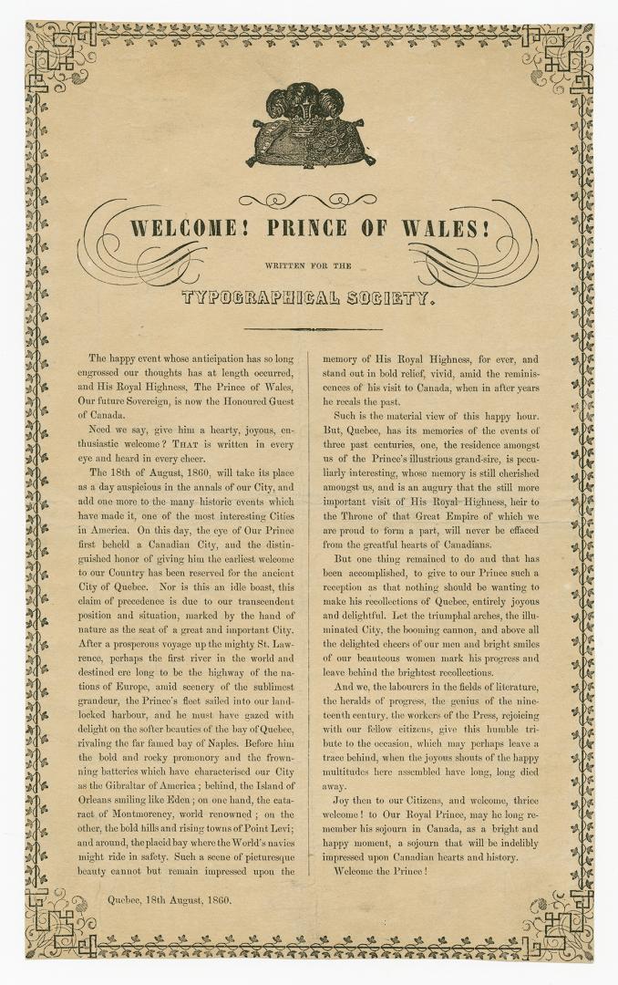 Welcome! Prince of Wales! written for the Typographical Society