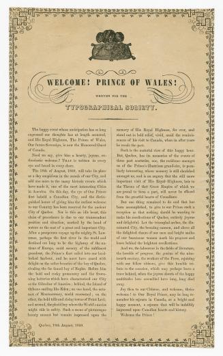 Welcome! Prince of Wales! written for the Typographical Society