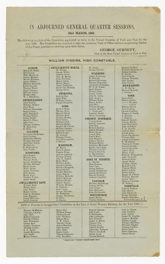 In adjourned general quarter sessions, 23rd March, 1860 : the following is a list of the constables appointed to serve in the united counties of York and Peel for the year 1860