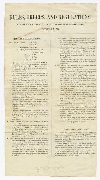 Rules, orders, and regulations, adopted by the council of Bishop's College, October 3, 1861