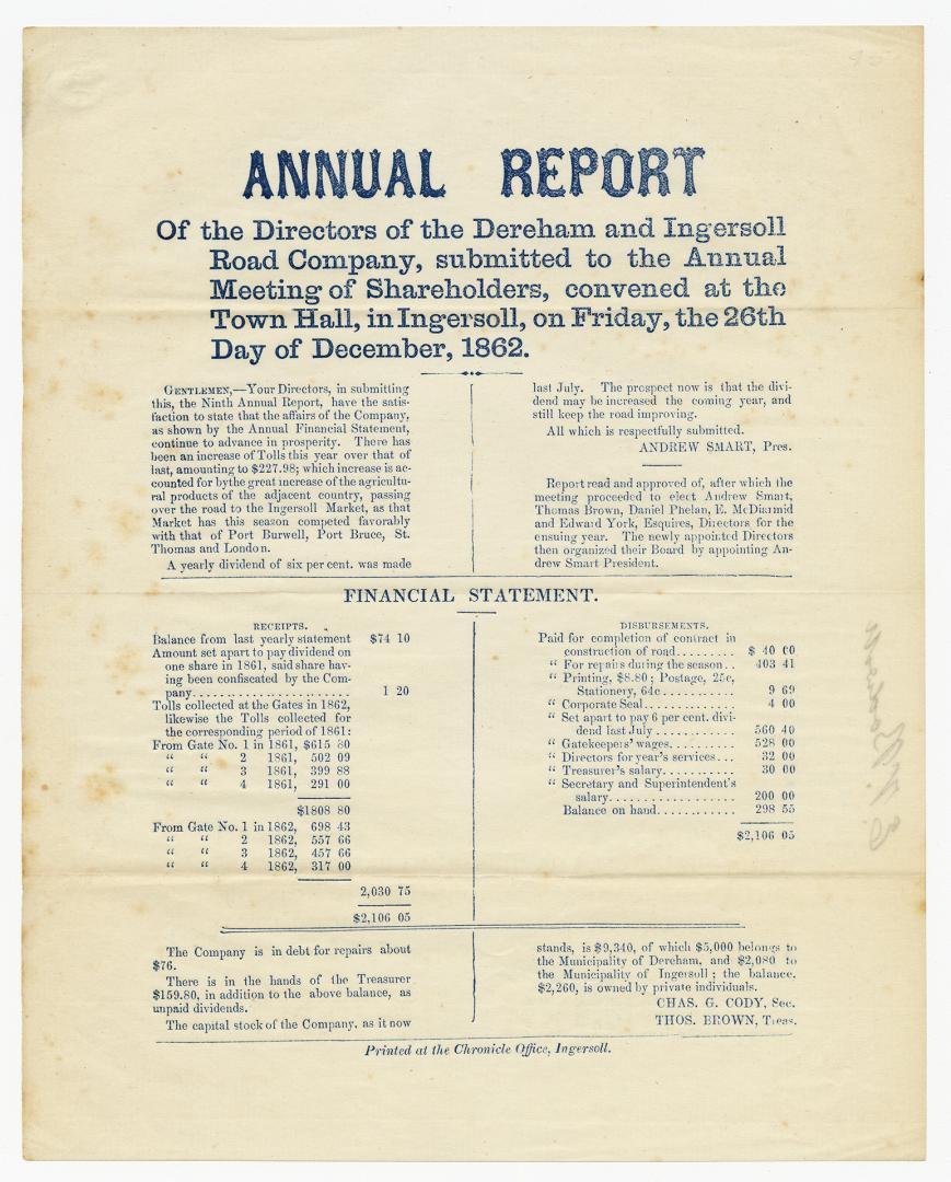 Annual report of the directors of the Dereham and Ingersoll Road Company, submitted to the annual meeting of shareholders ...