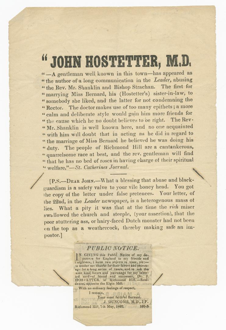 ''John Hostetter, M.D. : a gentleman well known in this town has appeared as the author of a long communication in the Leader ... ''