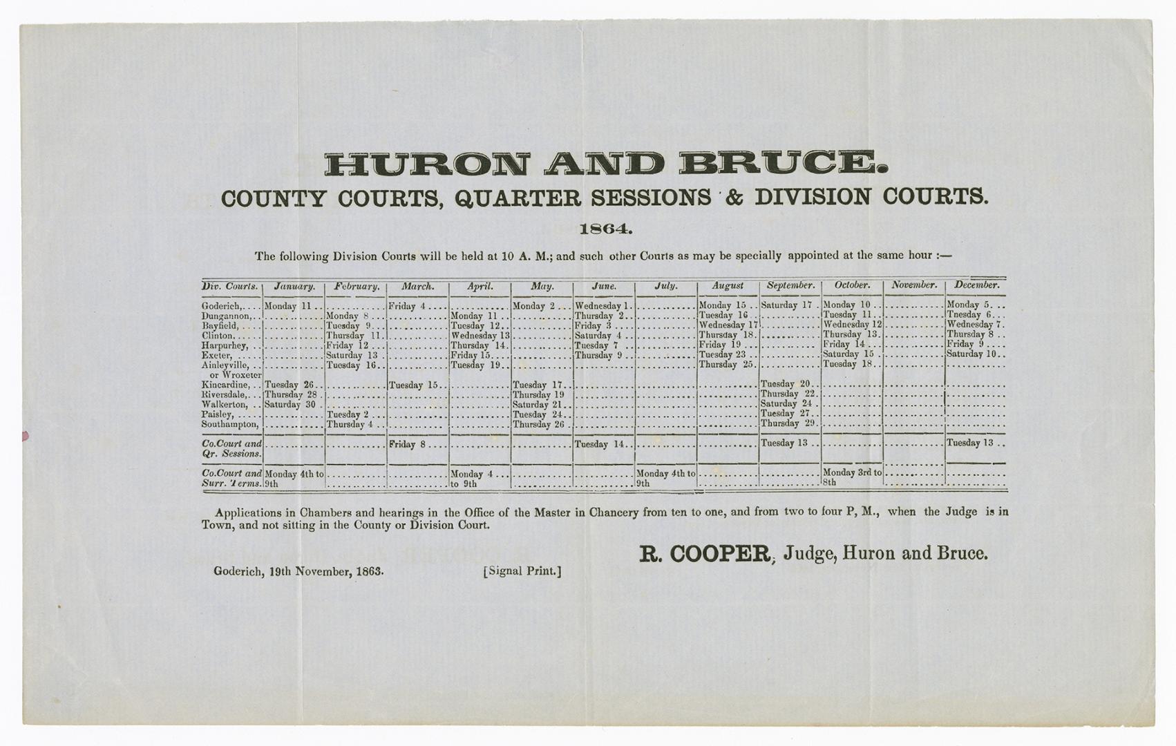 Huron and Bruce : county courts, quarter sessions & division courts : 1864