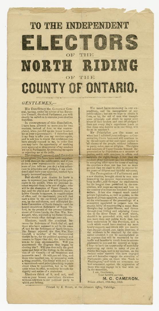 To the independent electors of the north riding of the county of Ontario