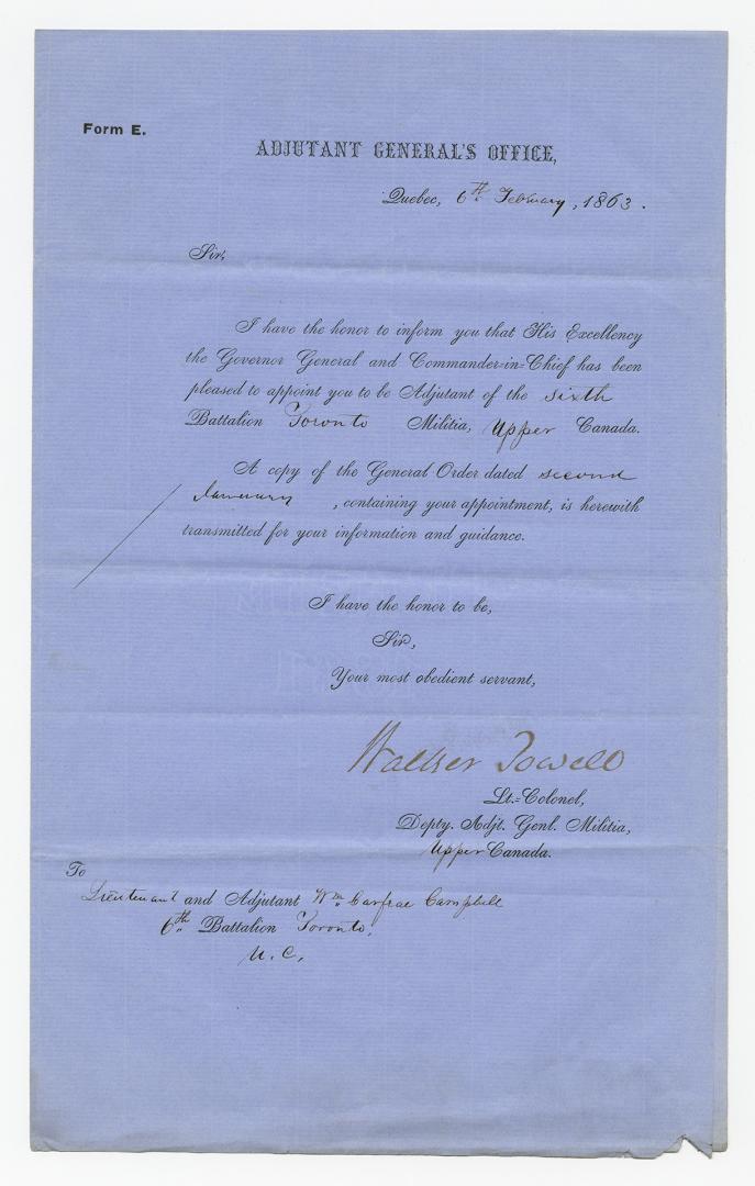 Form E, Adjutant General's Office, Quebec, [6th February], 1863