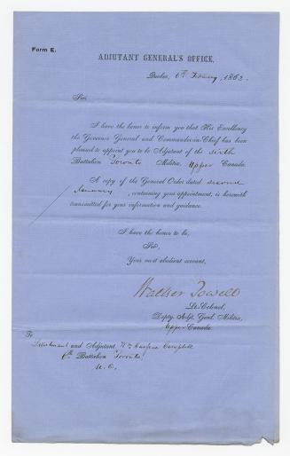 Form E, Adjutant General's Office, Quebec, [6th February], 1863