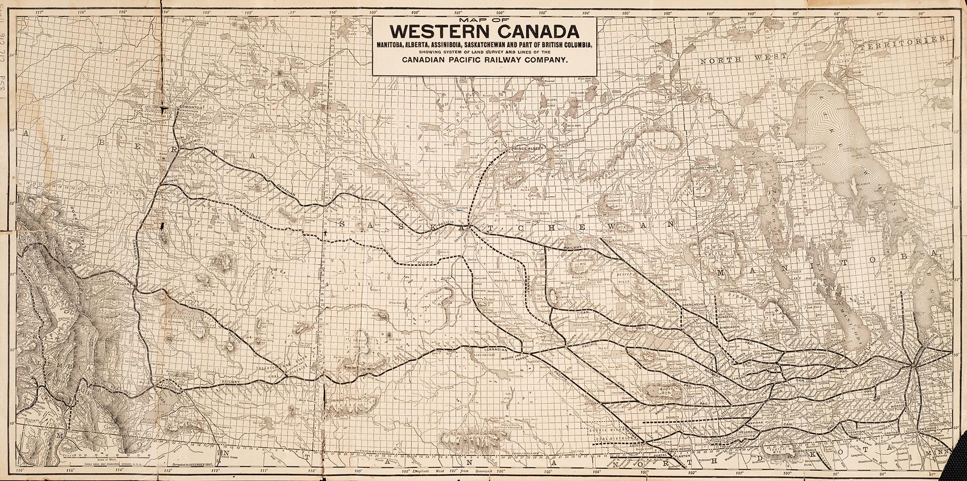 Map of Western Canada Manitoba, Alberta, Assiniboia, Saskatchewan and other parts of British Columbia, showing system of land survey and lines of the Canadian Pacific Railway Company