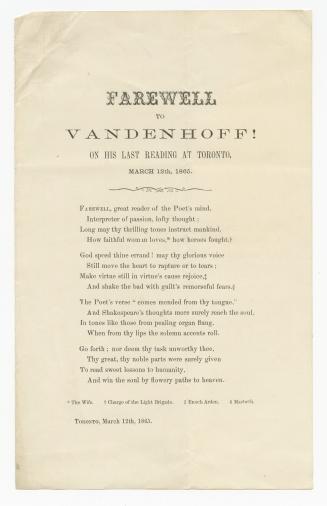 Farewell to Vandenhoff! on his last reading at Toronto, March 12th, 1865