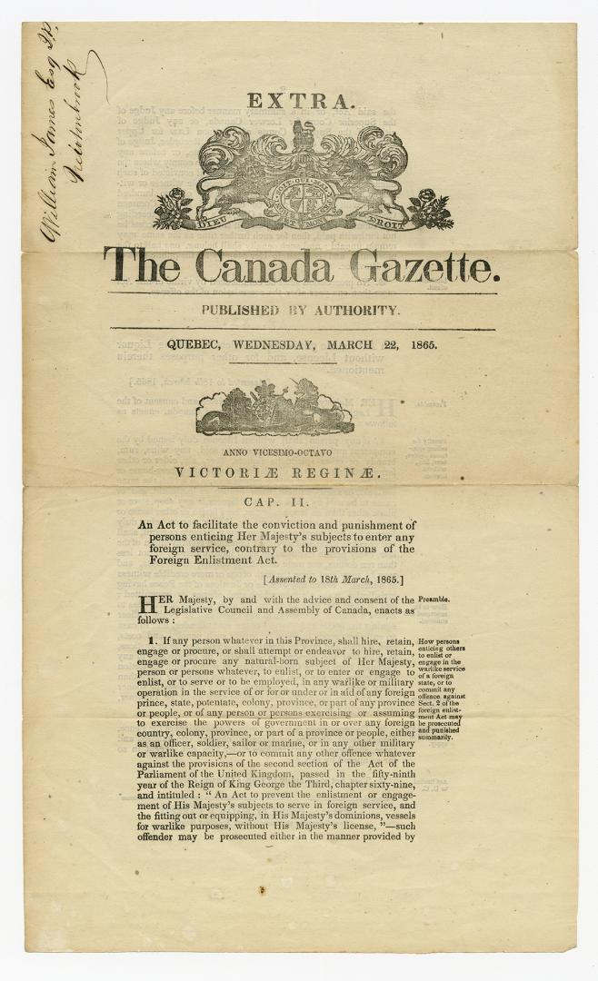 Extra : The Canada Gazette : published by authority : Quebec, Wednesday, March 22, 1865