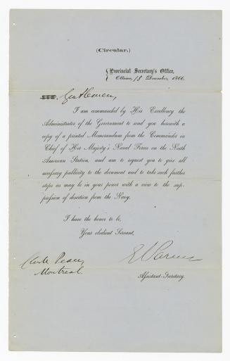 (Circular) Provincial Secretary's Office, Ottawa, [18] December, 1866