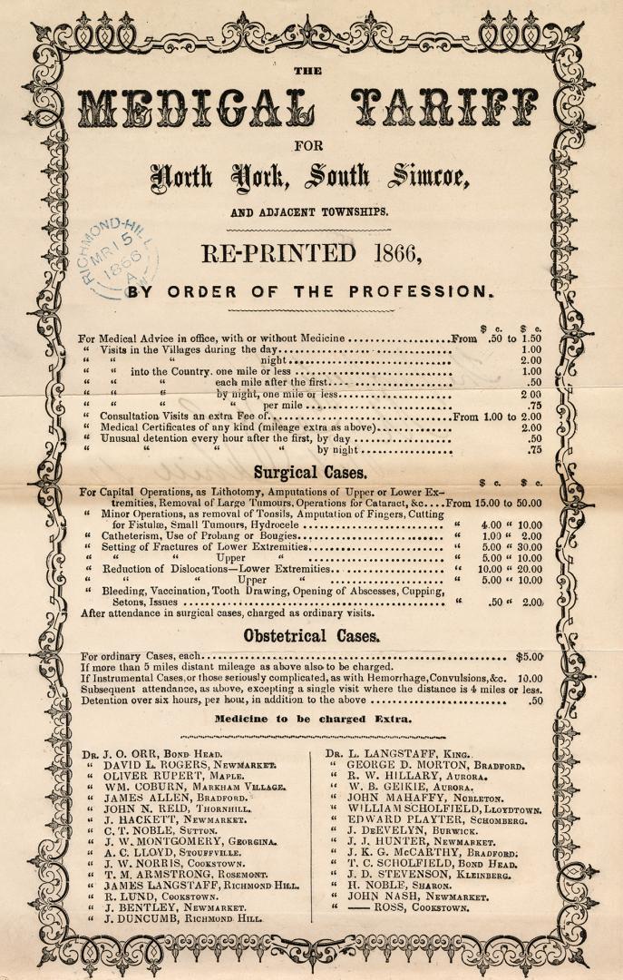 The Medical tariff for North York, South Simcoe, and adjacent townships, re-printed 1866, by order of the profession