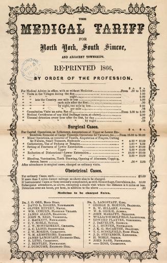 The Medical tariff for North York, South Simcoe, and adjacent townships, re-printed 1866, by order of the profession