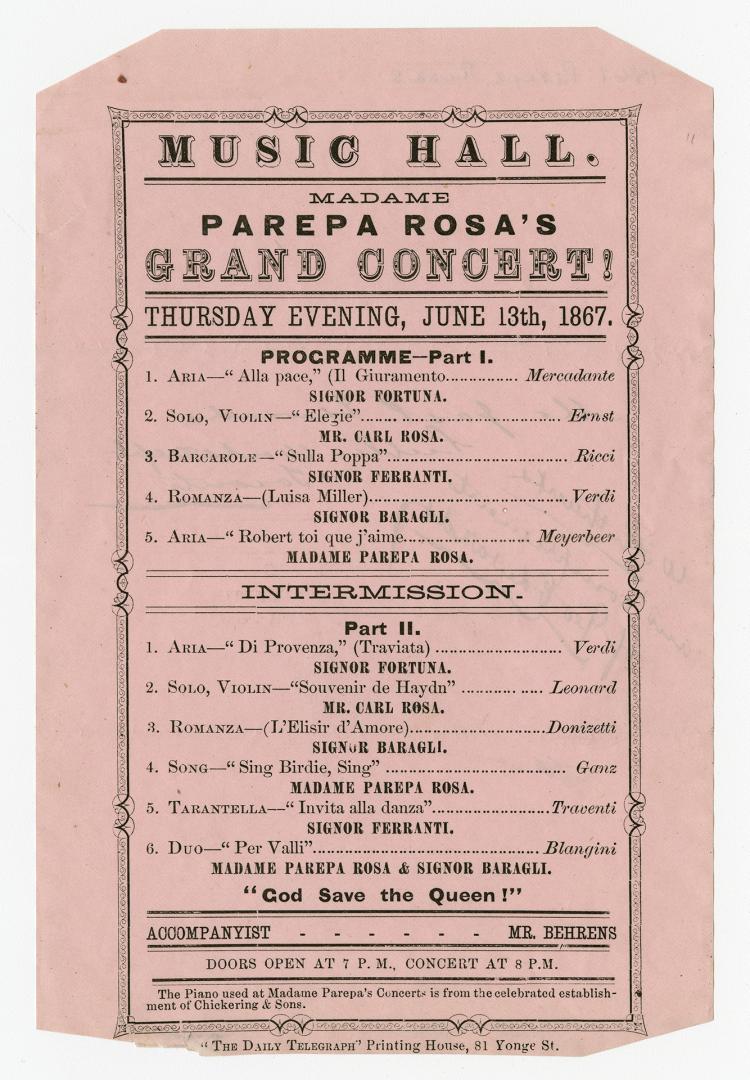 Music Hall, Madame Parepa Rosa's grand concert! Thursday evening, June 13th, 1867