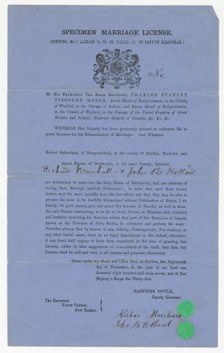 Specimen marriage license, (shewing how license is to be filled up by deputy registrar)