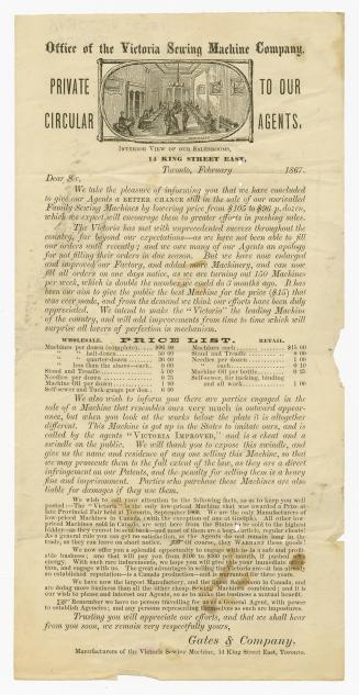 Office of the Victoria Sewing Machine Company : private circular to our agents