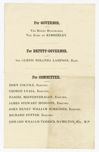 For governor, the Right Honorable the Earl of Kimberley, for deputy-governor, Sir Curtis Miranda Lampson, bart.