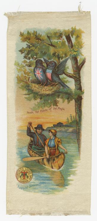 Illustration of a man and woman paddling a canoe beneath the shade of a maple tree. On one of t…