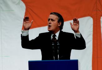 No turning back, Primi Minister Brian Mulroney lays it on the line for a Toronto audience last night