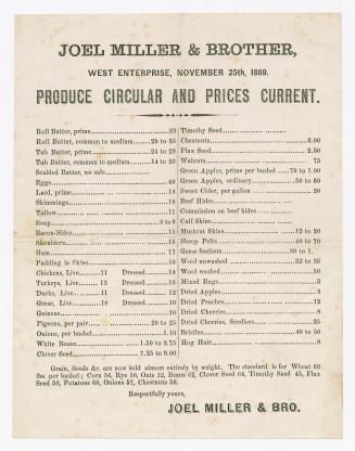 Joel Miller & Brother, West Enterprise, November 25th, 1869, produce circular and prices current