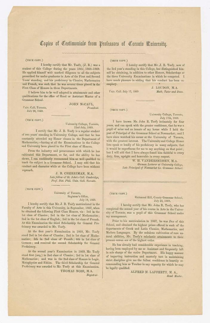 Copies of testimonials from professors of Toronto University