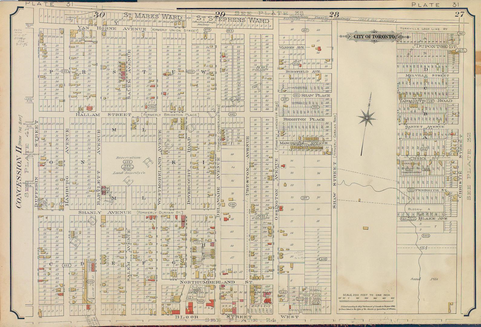 Atlas of the city of Toronto and vicinity from special survey founded on registered plans and showing all building and lot numbers.