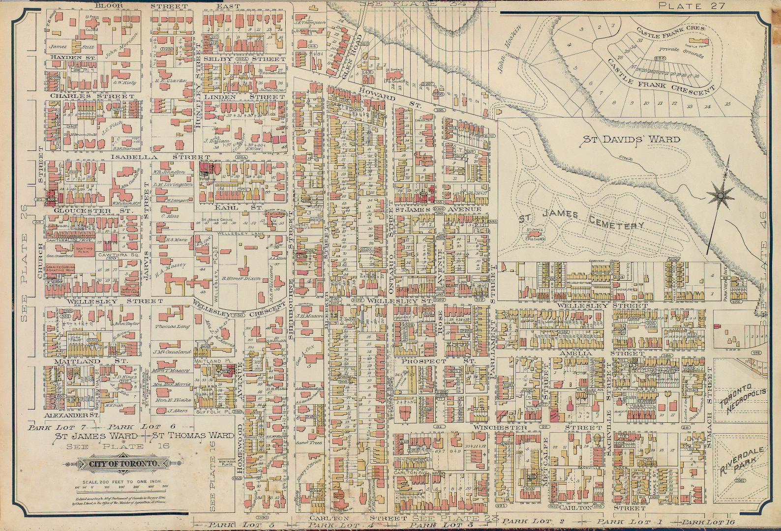 Atlas of the city of Toronto and vicinity from special survey founded on registered plans and showing all building and lot numbers.