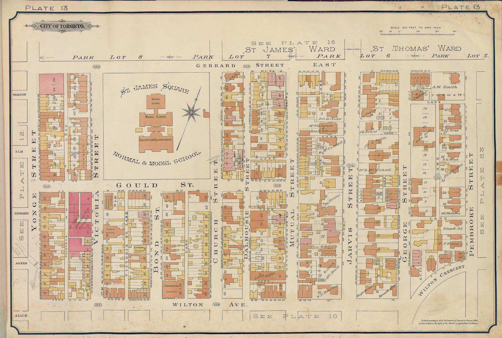 Atlas of the city of Toronto and vicinity from special survey founded on registered plans and showing all building and lot numbers.