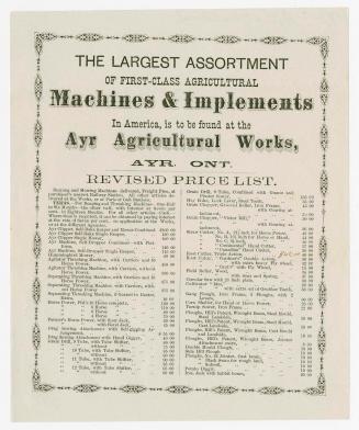 The Largest assortment of first-class agricultural machines & implements in America, is to be found at the Ayr Agricultural Works