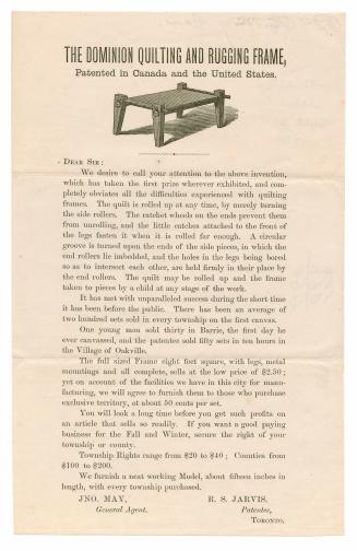 The Dominion quilting and rugging frame, patented in Canada and the United States