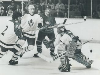 Lost Puck, Leaf goalie Mike Palmateer (29) loses sight of the puck as it bounces behind him in Saturday night's game against Buffalo Sabres