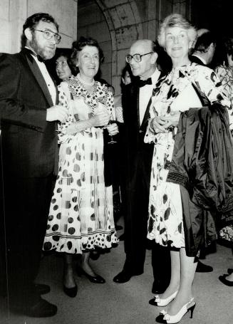 Far left to right, art dealer Chris Yaneff, Festival patron Betty Ann Elliott, Tom Patterson, founder of the Stratford Festival, and Betsy Taylor