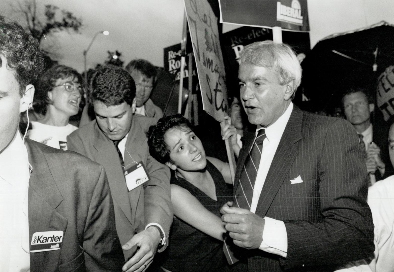 Loggin protest, Temagami protesters meet Premier David Peterson yesterday at the opening of the U of T Koffler Institute for Pharmacy Management