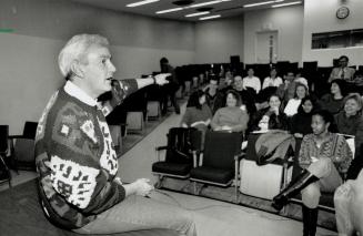 Pointed argument, David Peterson speaks to York University students yesterday