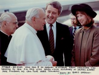 John Paul II on arrival in Ottawa from Vancouver was greeted by Canada PM and wife Brian and Mila Mulroney