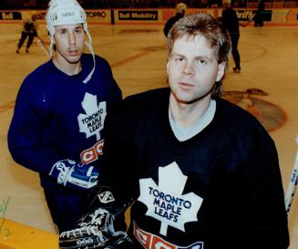 Ready to go, Daren Puppa (right) and Dave Andreychuk joined new teammates for Leafs' morning skate today in preparation for tonight's game against Islanders