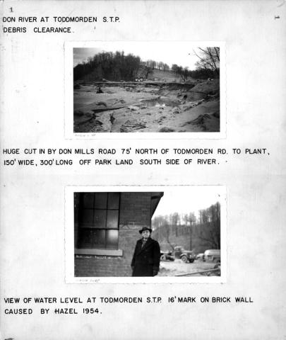Don River at Todmorden Sewage Treatment Plant, debris clearance, Hurricane Hazel