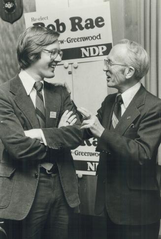 After being re-elected as a federal MP in 1979, Rae chats with former NDP leader Tommy Douglas